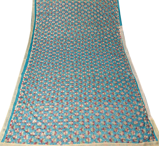 Sushila Vintage Teal Green Scrap Saree Art Chiffon Bagh Phulkari Sari Fabric