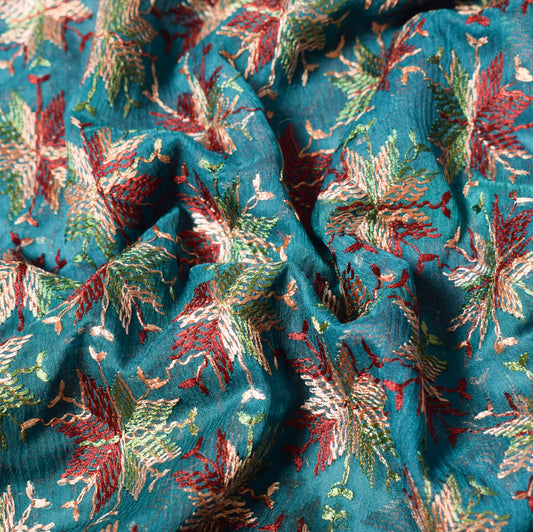 Sushila Vintage Teal Green Scrap Saree Art Chiffon Bagh Phulkari Sari Fabric