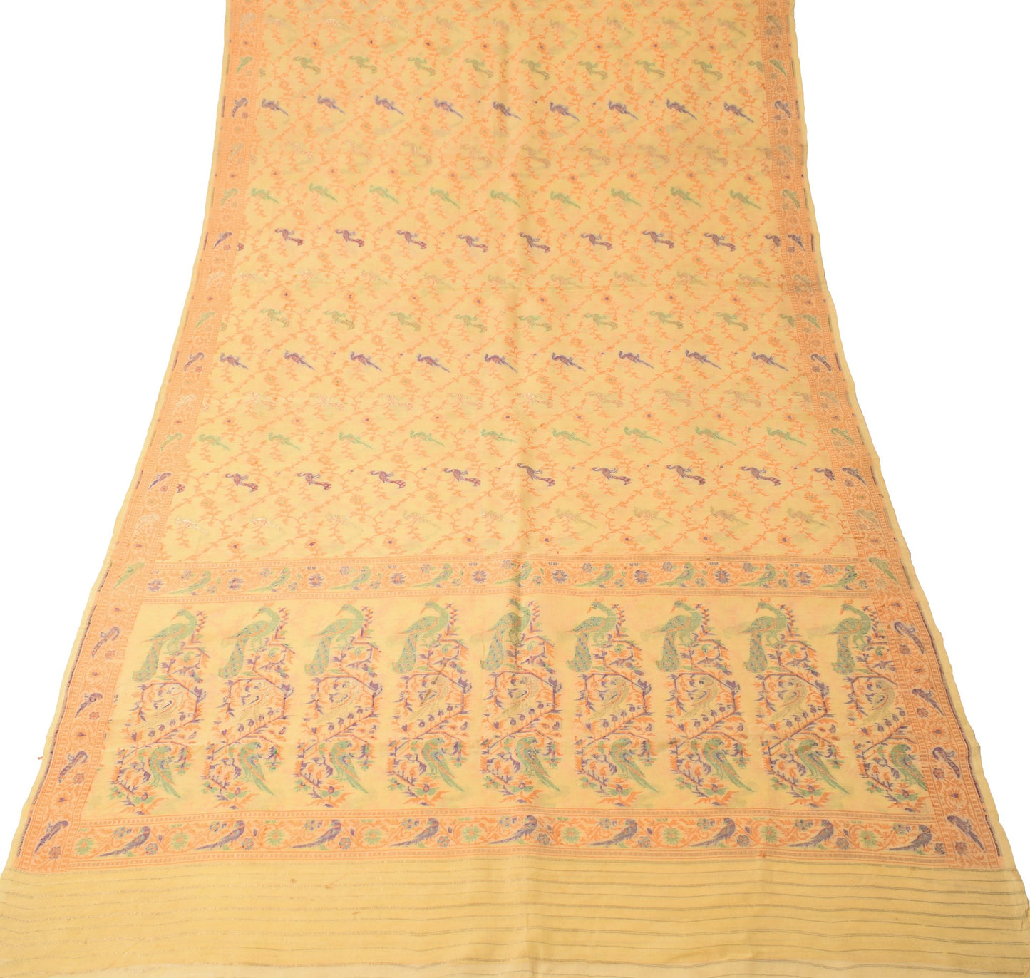 Sushila Vintage Light Yellow Scrap Saree Pure Silk Hand Woven Birds Sari Fabric