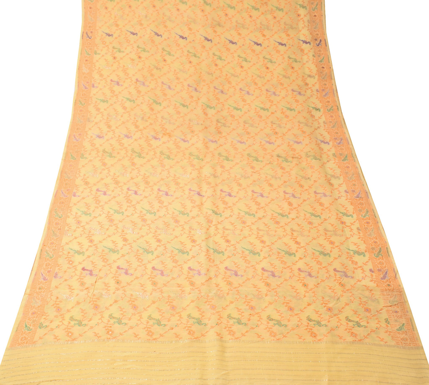 Sushila Vintage Light Yellow Scrap Saree Pure Silk Hand Woven Birds Sari Fabric