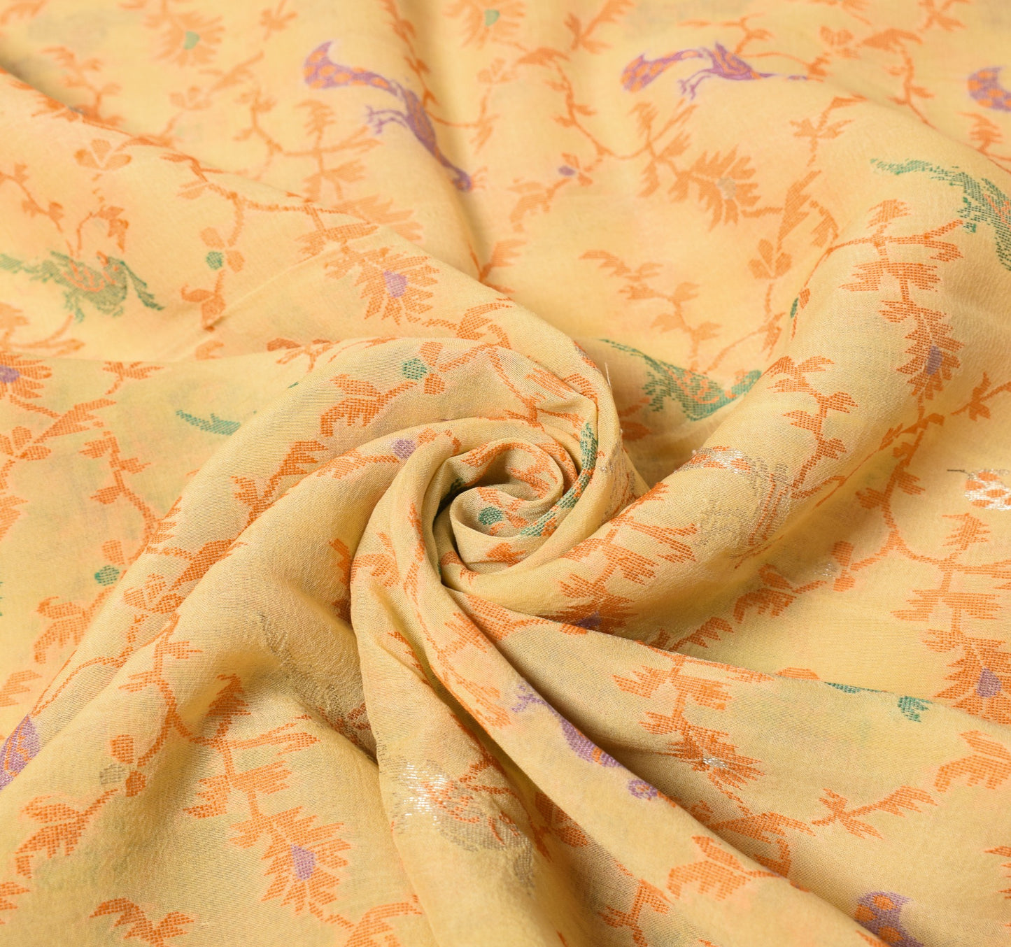 Sushila Vintage Light Yellow Scrap Saree Pure Silk Hand Woven Birds Sari Fabric