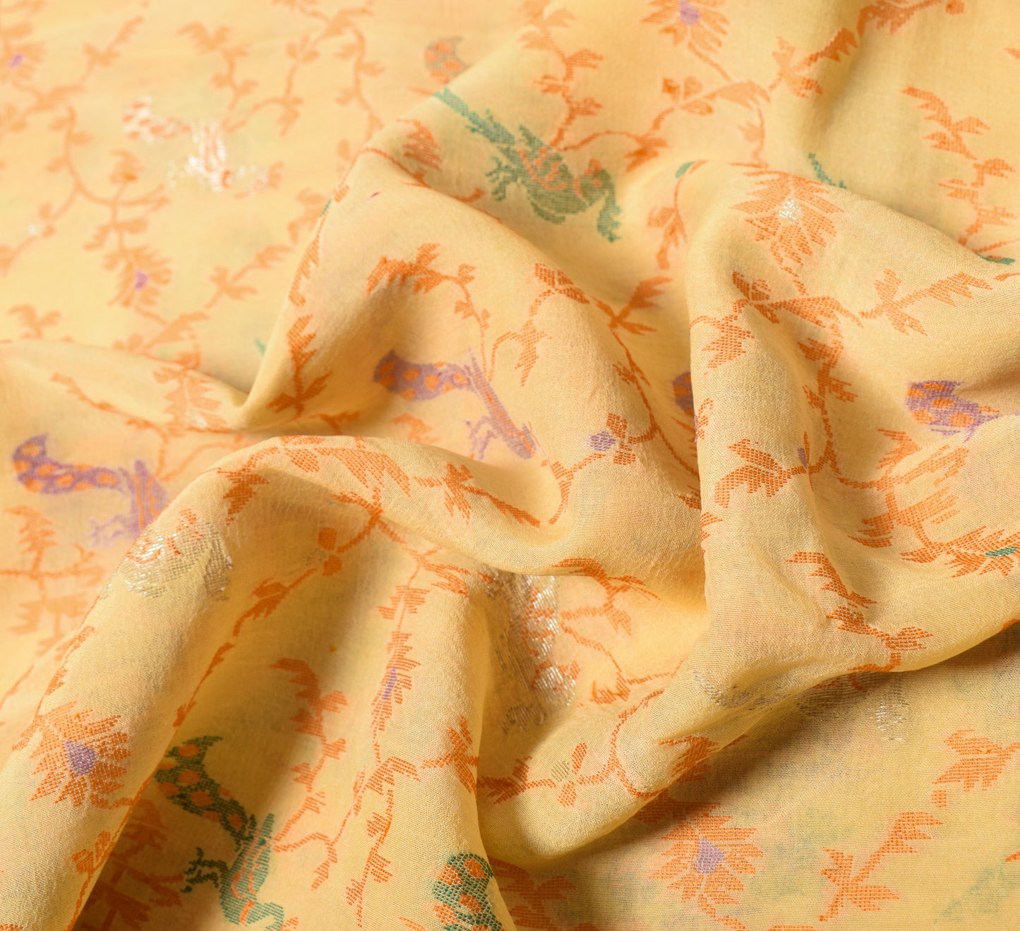 Sushila Vintage Light Yellow Scrap Saree Pure Silk Hand Woven Birds Sari Fabric