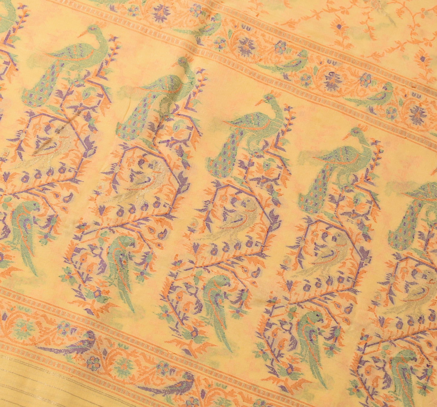 Sushila Vintage Light Yellow Scrap Saree Pure Silk Hand Woven Birds Sari Fabric