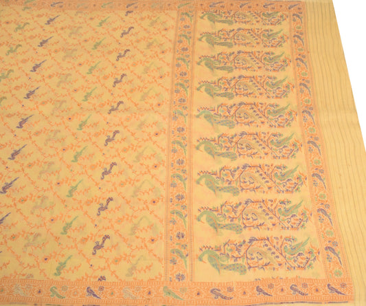 Sushila Vintage Light Yellow Scrap Saree Pure Silk Hand Woven Birds Sari Fabric
