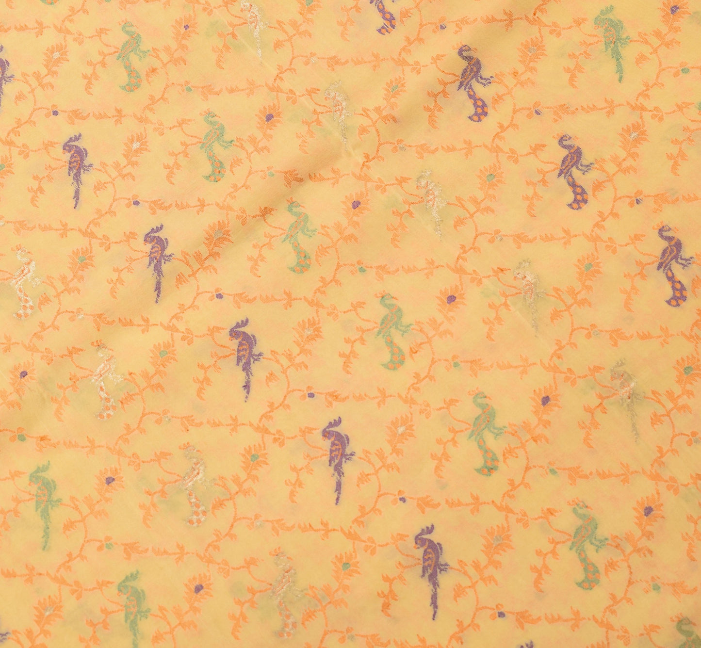 Sushila Vintage Light Yellow Scrap Saree Pure Silk Hand Woven Birds Sari Fabric