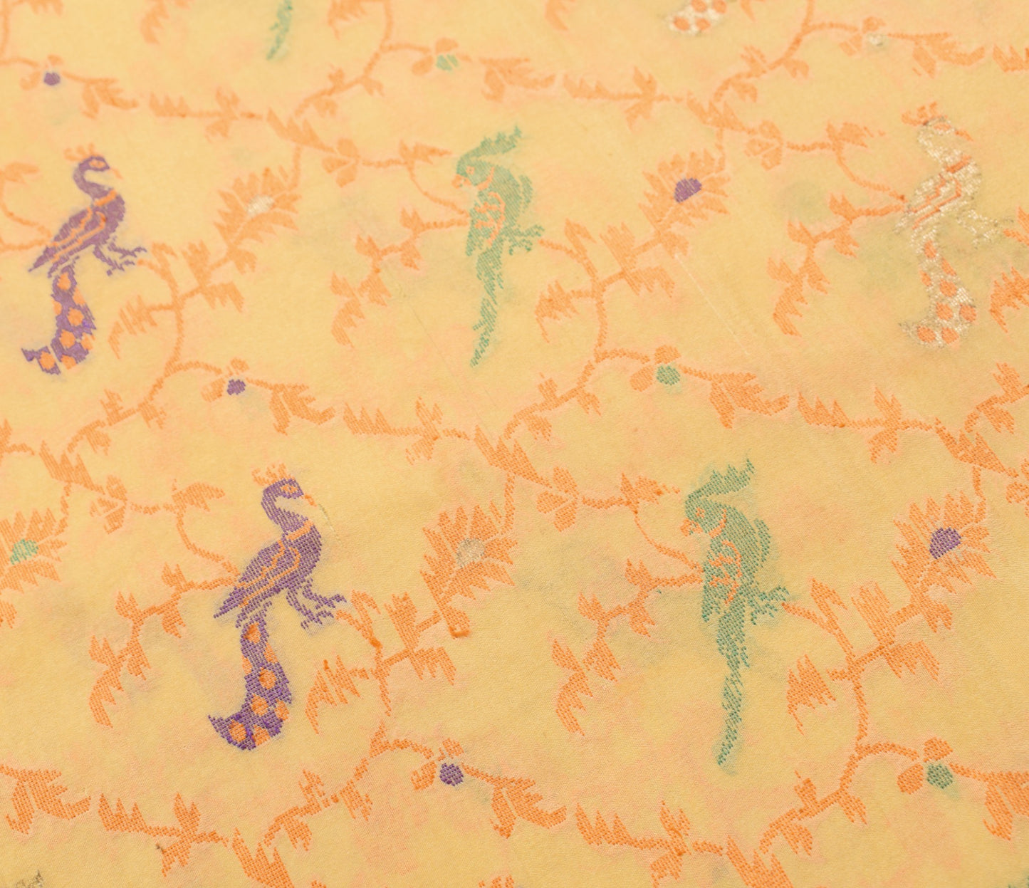 Sushila Vintage Light Yellow Scrap Saree Pure Silk Hand Woven Birds Sari Fabric