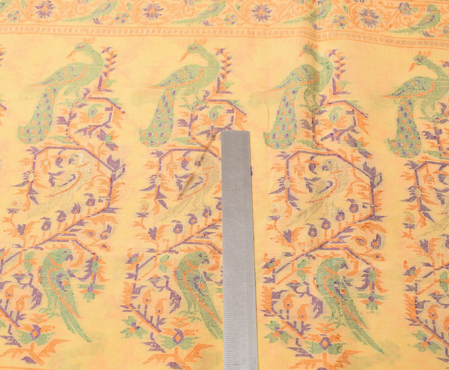 Sushila Vintage Light Yellow Scrap Saree Pure Silk Hand Woven Birds Sari Fabric