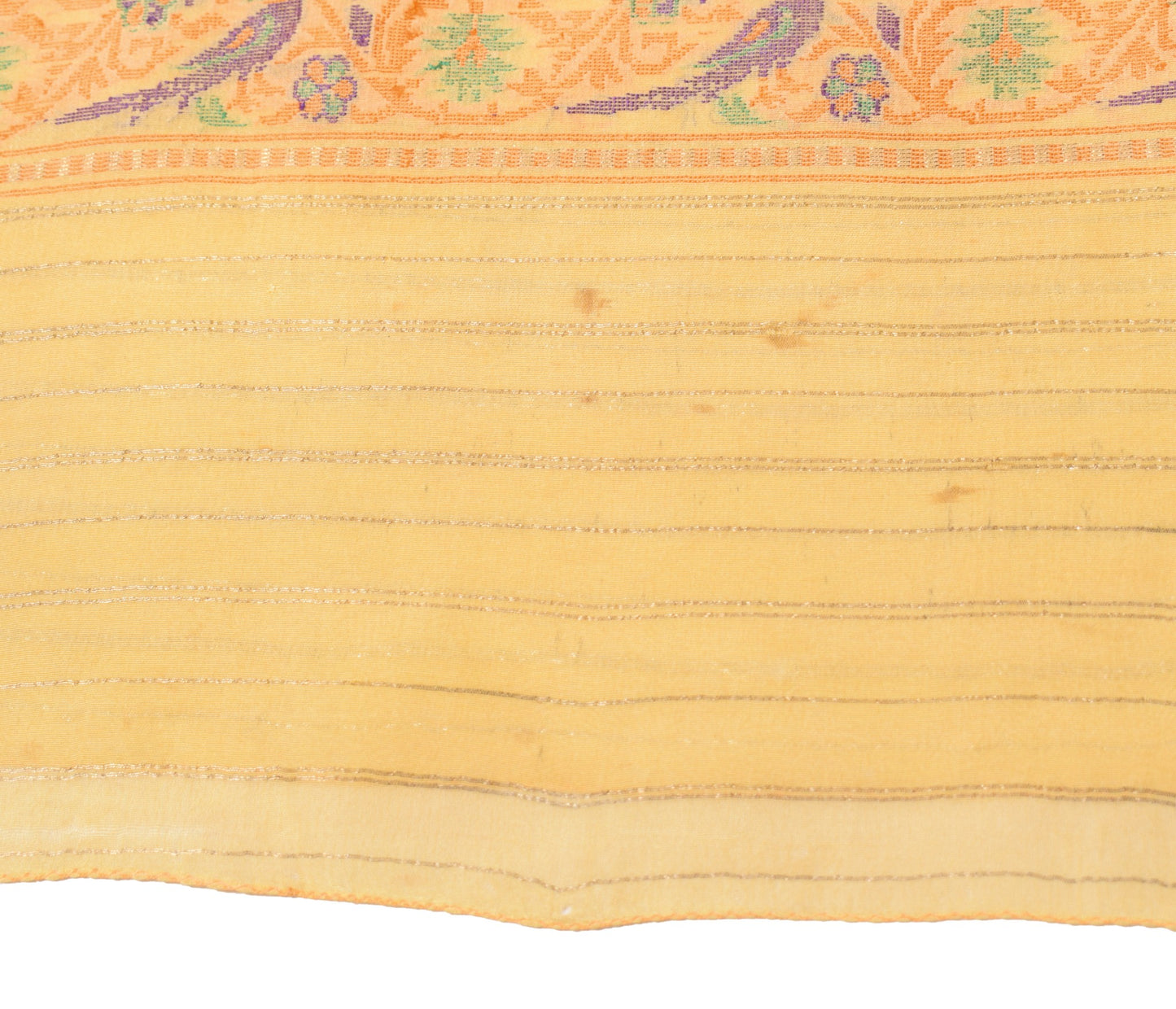Sushila Vintage Light Yellow Scrap Saree Pure Silk Hand Woven Birds Sari Fabric