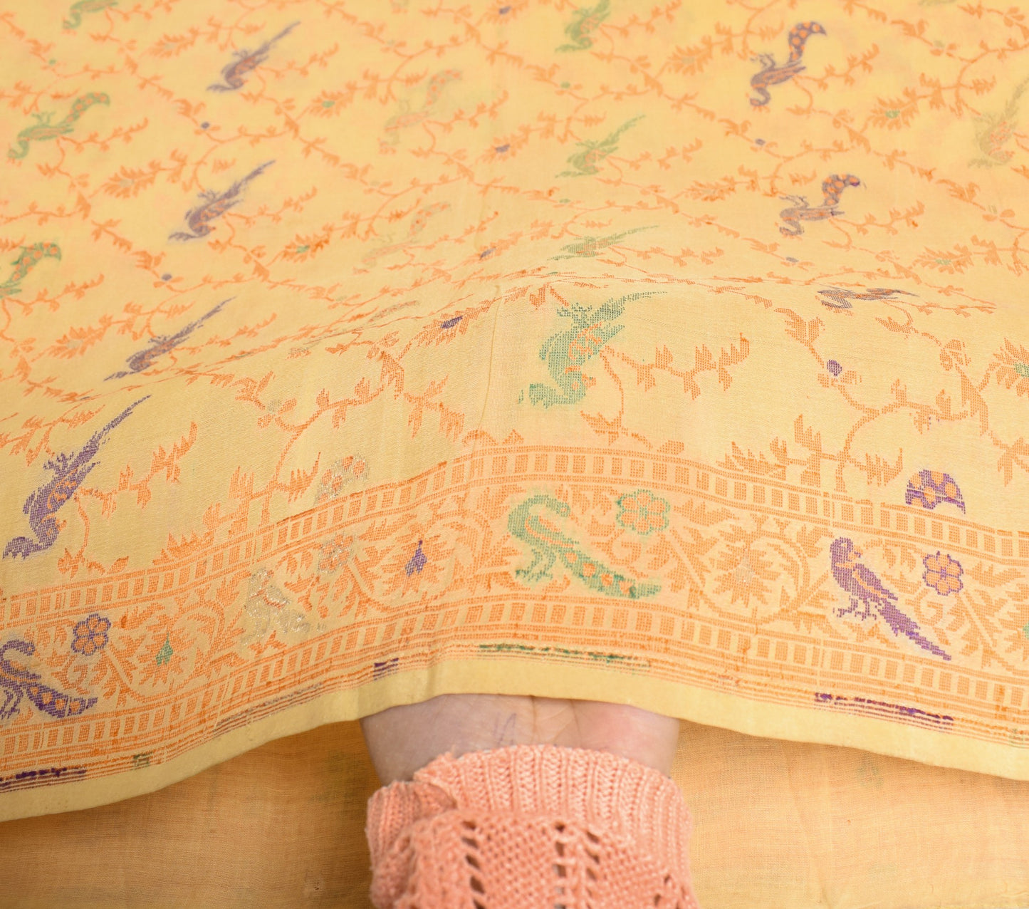 Sushila Vintage Light Yellow Scrap Saree Pure Silk Hand Woven Birds Sari Fabric