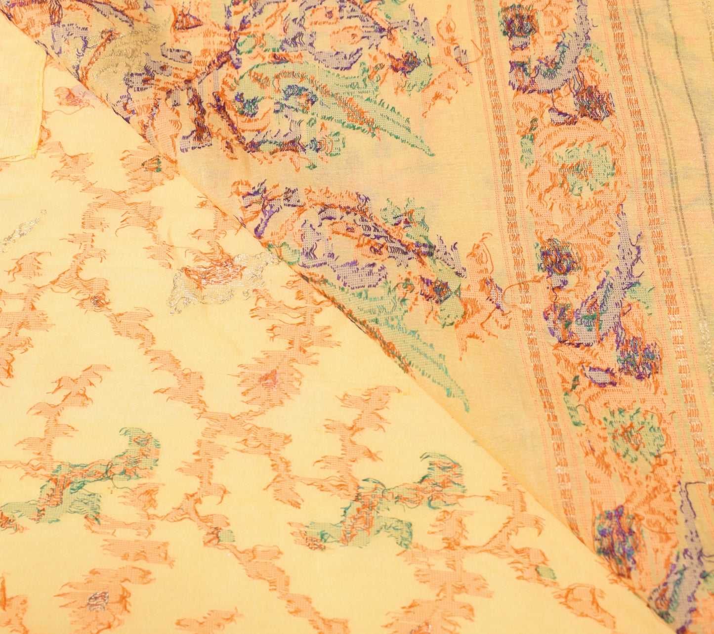 Sushila Vintage Light Yellow Scrap Saree Pure Silk Hand Woven Birds Sari Fabric