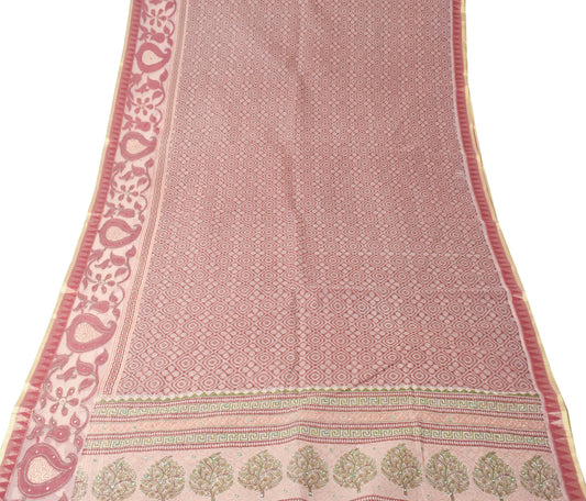 Sushila Vintage Brown Scrap Saree Art Cotton Printed & Embroidered Sari Fabric