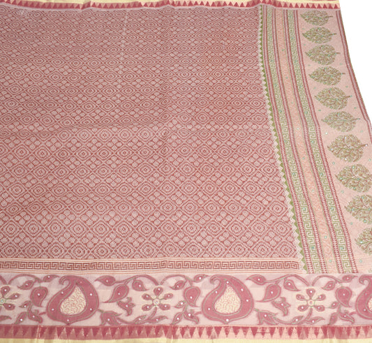 Sushila Vintage Brown Scrap Saree Art Cotton Printed & Embroidered Sari Fabric