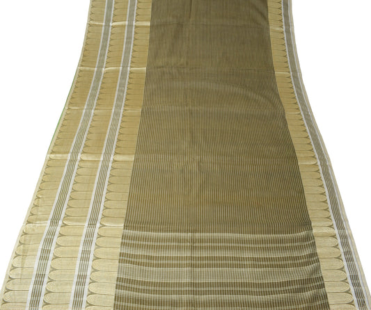 Sushila Vintage Green Scrap Saree Pure Cotton Stripes Woven Sari Remnant Fabric