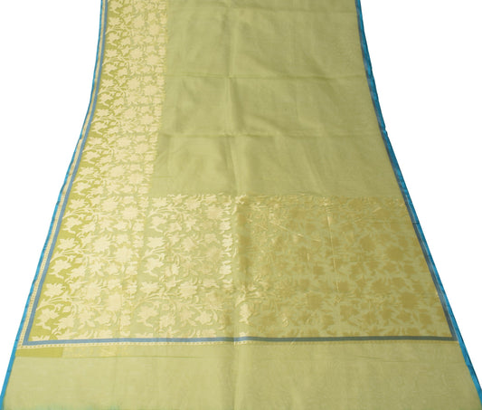 Sushila Vintage Floral Green Scrap Saree Pure Silk Hand Woven Sari Craft Fabric