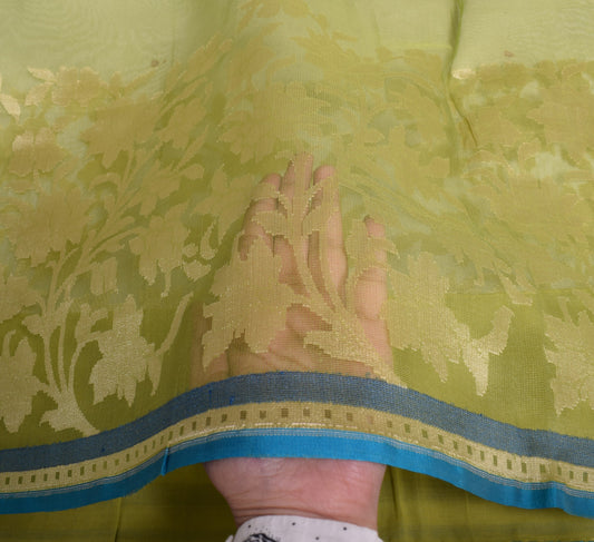 Sushila Vintage Floral Green Scrap Saree Pure Silk Hand Woven Sari Craft Fabric