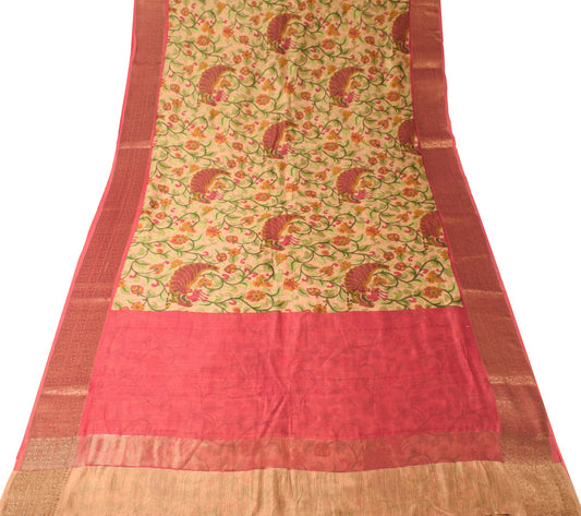 Sushila Vintage Brown Scrap Saree Pure Cotton Silk kalamkari Printed Sari Fabric