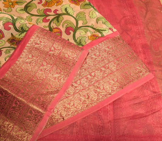 Sushila Vintage Brown Scrap Saree Pure Cotton Silk kalamkari Printed Sari Fabric