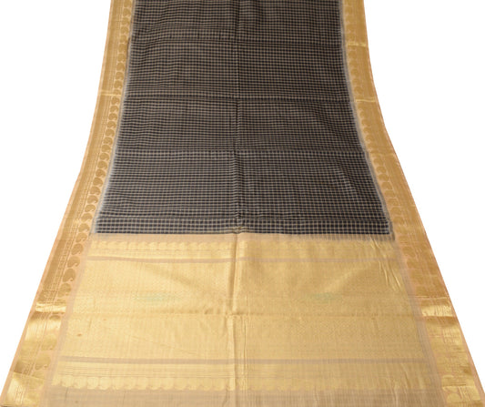 Sushila Vintage Black Checks Scrap Saree Pure CottonSilk Woven Sari Craft Fabric