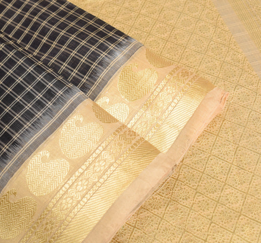 Sushila Vintage Black Checks Scrap Saree Pure CottonSilk Woven Sari Craft Fabric