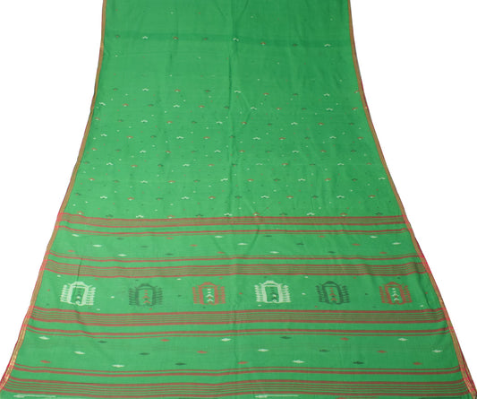 Sushila Vintage Bengal Tant Scrap Saree PureCotton Woven Green Sari Craft Fabric