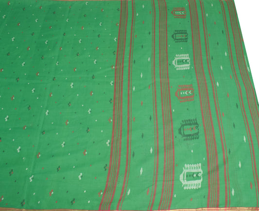 Sushila Vintage Bengal Tant Scrap Saree PureCotton Woven Green Sari Craft Fabric