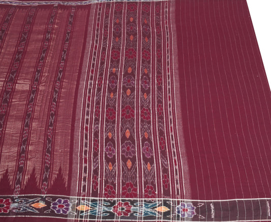 Sushila Vintage Pure Cotton Scrap Saree Hand Woven Ikat Sari 5 YD Remnant Fabric