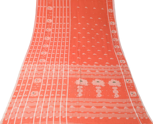 Sushila Vintage Bengal Tant Scrap Saree Pure Cotton Orange Woven 5YD Sari Fabric