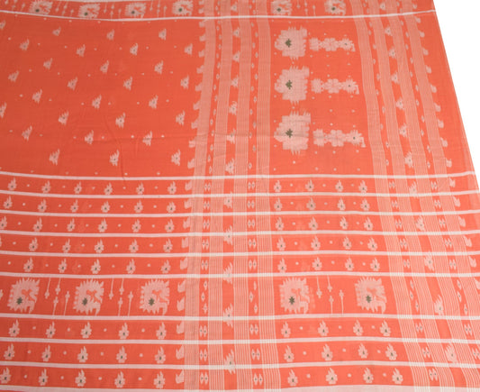 Sushila Vintage Bengal Tant Scrap Saree Pure Cotton Orange Woven 5YD Sari Fabric