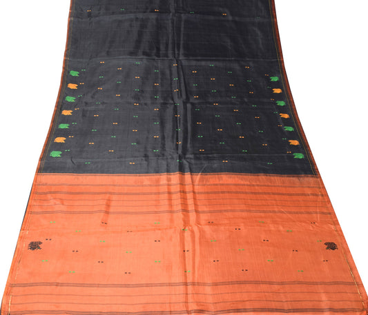 Sushila Vintage Black Scrap Saree Pure Silk Hand Woven Peacock Sari Craft Fabric