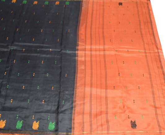 Sushila Vintage Black Scrap Saree Pure Silk Hand Woven Peacock Sari Craft Fabric