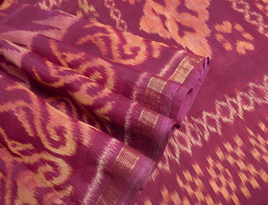 Sushila Vintage Dark Magenta Scrap Saree Pure Cotton Silk Pochampally Ikat Sari