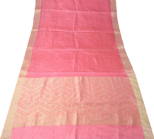 Sushila Vintage Pink Scrap Saree Pure Tussar Silk Woven Remnant Sari 5YD Fabric