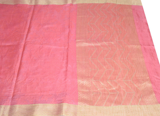 Sushila Vintage Pink Scrap Saree Pure Tussar Silk Woven Remnant Sari 5YD Fabric