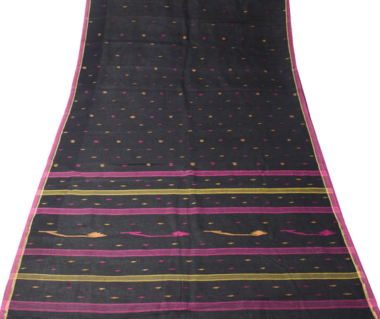 Sushila Vintage Black Scrap Saree Bengal Tant Woven Pure Cotton Sari 5YD Fabric