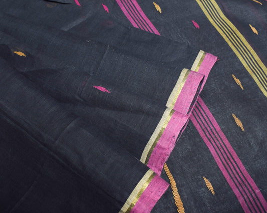 Sushila Vintage Black Scrap Saree Bengal Tant Woven Pure Cotton Sari 5YD Fabric
