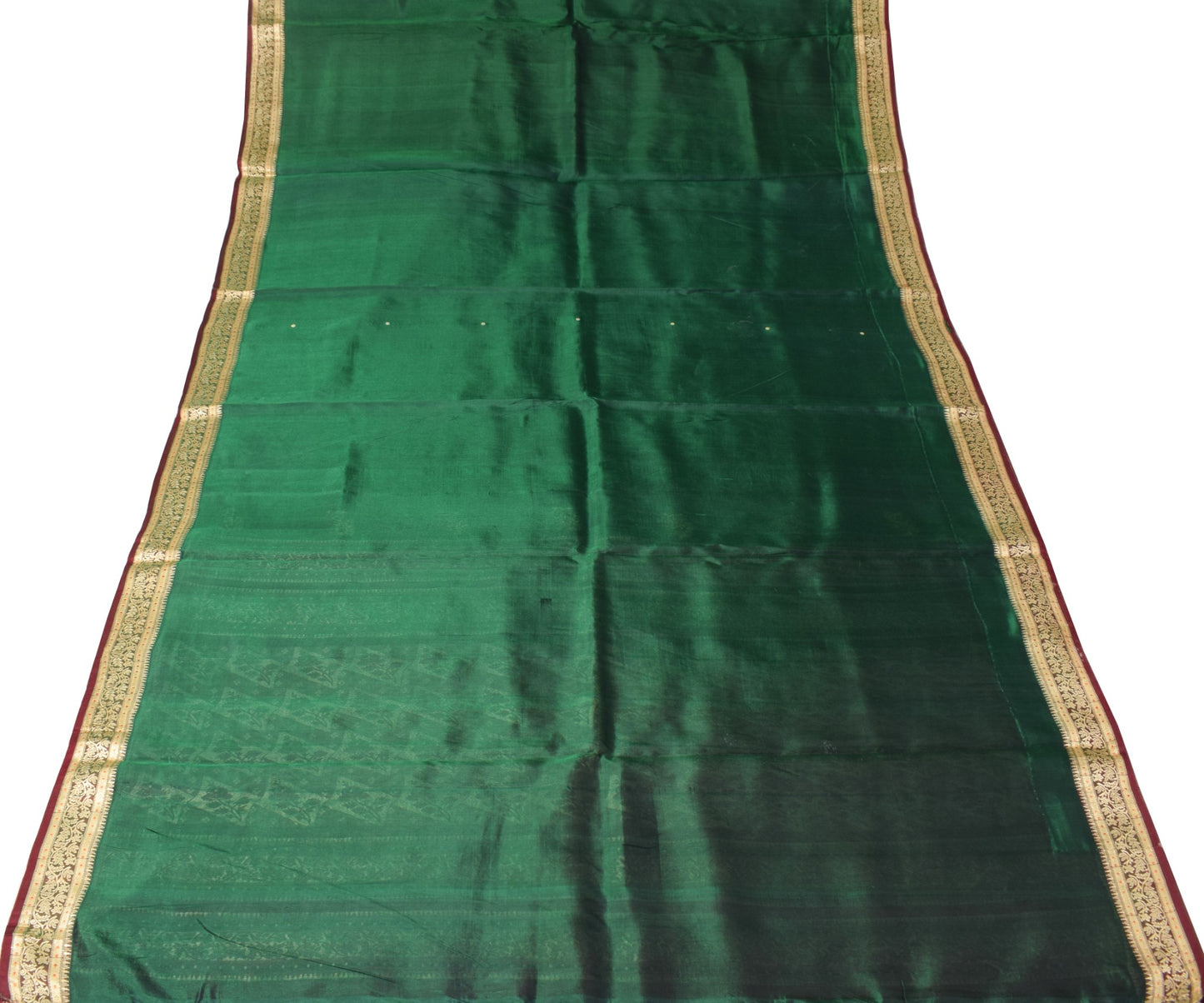 Sushila Vintage Green Pure Silk Scrap Saree Woven Maroon Border 5 YD Sari Fabric