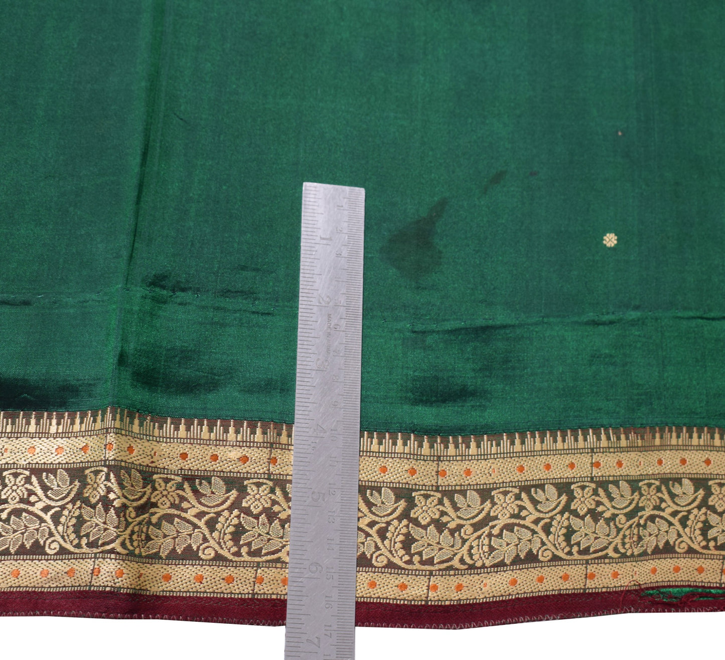 Sushila Vintage Green Pure Silk Scrap Saree Woven Maroon Border 5 YD Sari Fabric