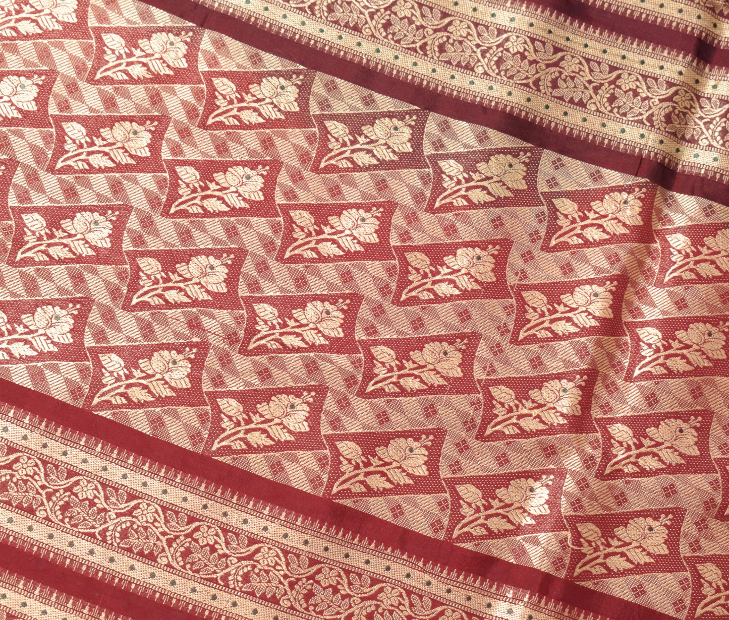 Sushila Vintage Green Pure Silk Scrap Saree Woven Maroon Border 5 YD Sari Fabric