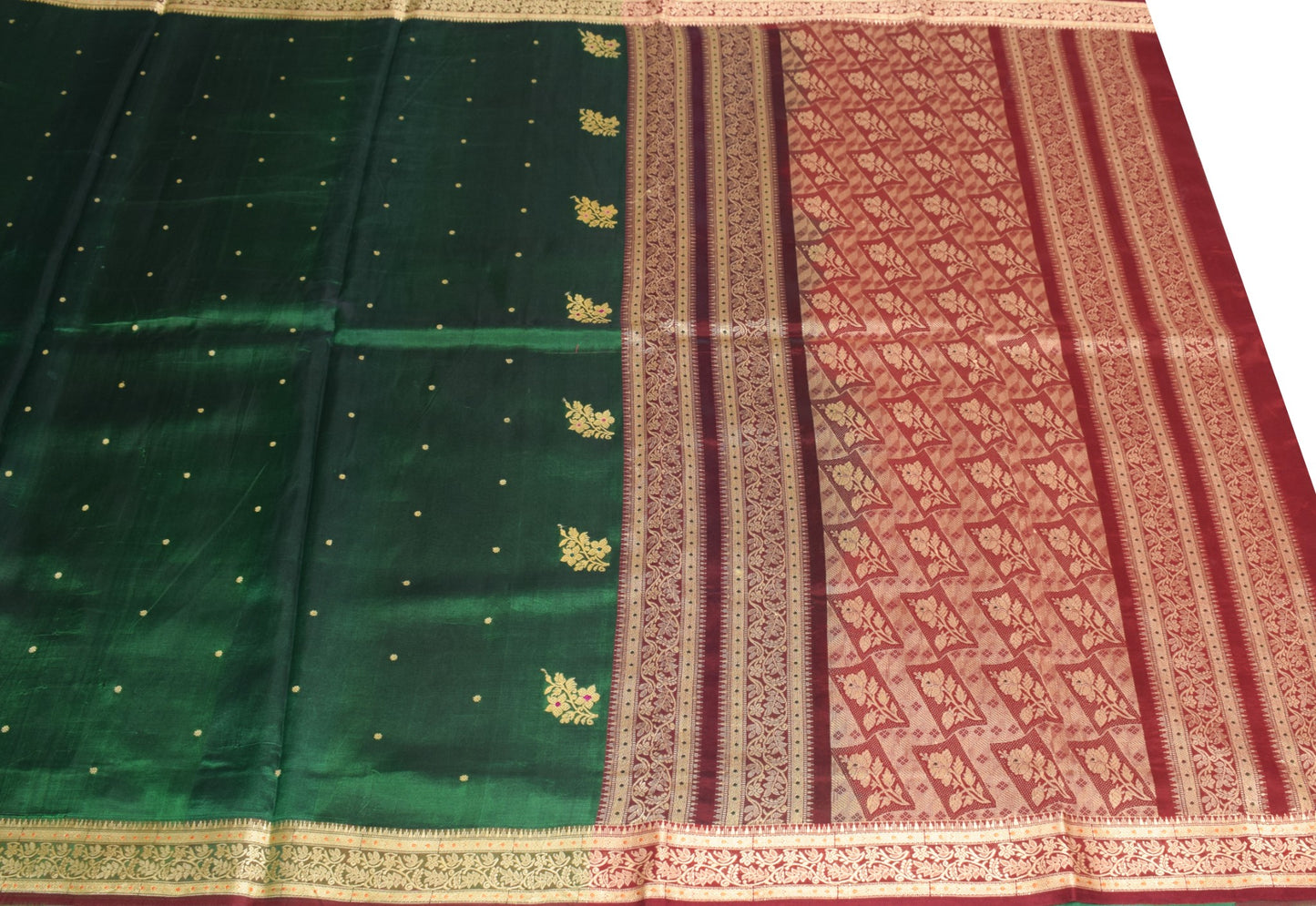 Sushila Vintage Green Pure Silk Scrap Saree Woven Maroon Border 5 YD Sari Fabric