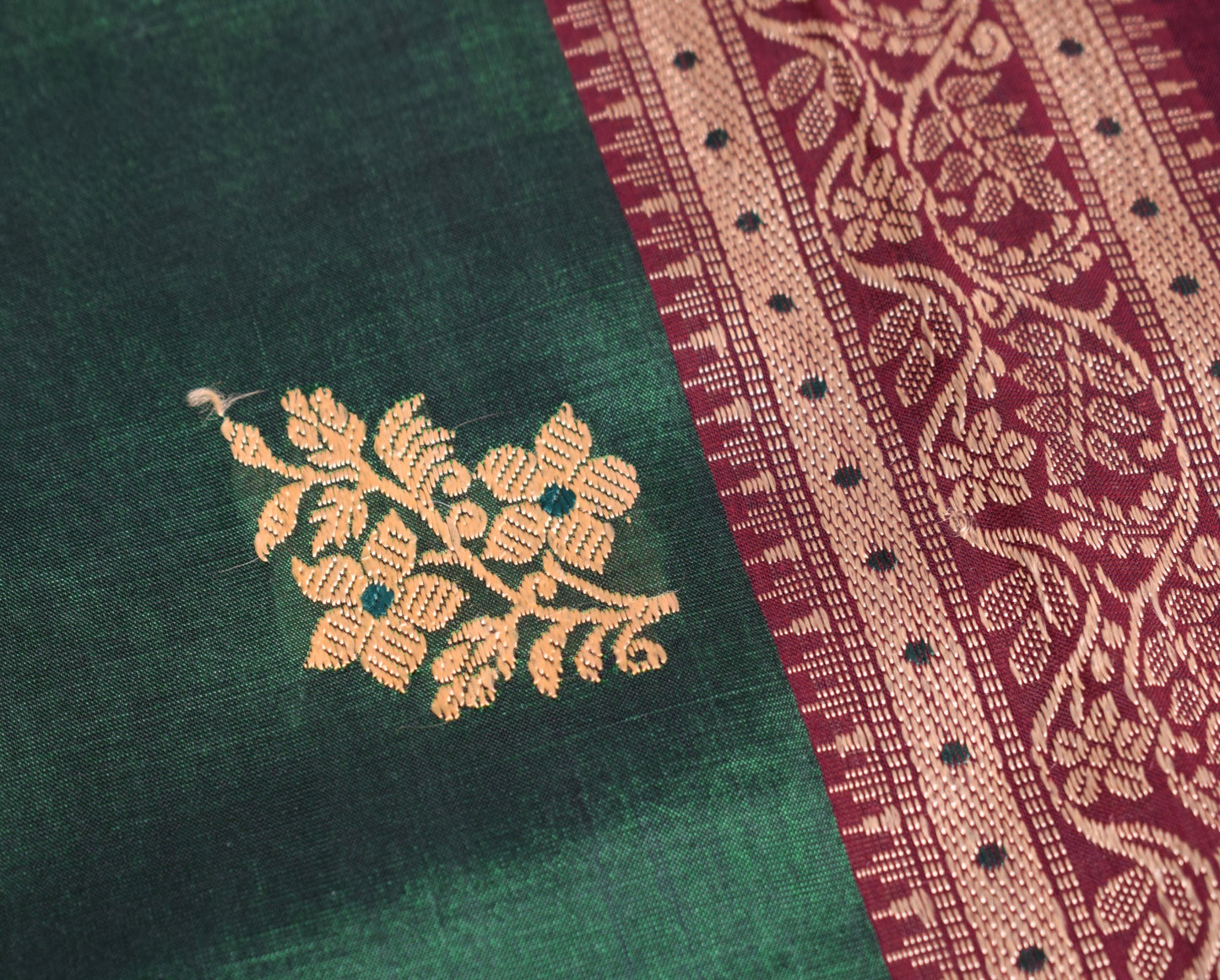 Sushila Vintage Green Pure Silk Scrap Saree Woven Maroon Border 5 YD Sari Fabric