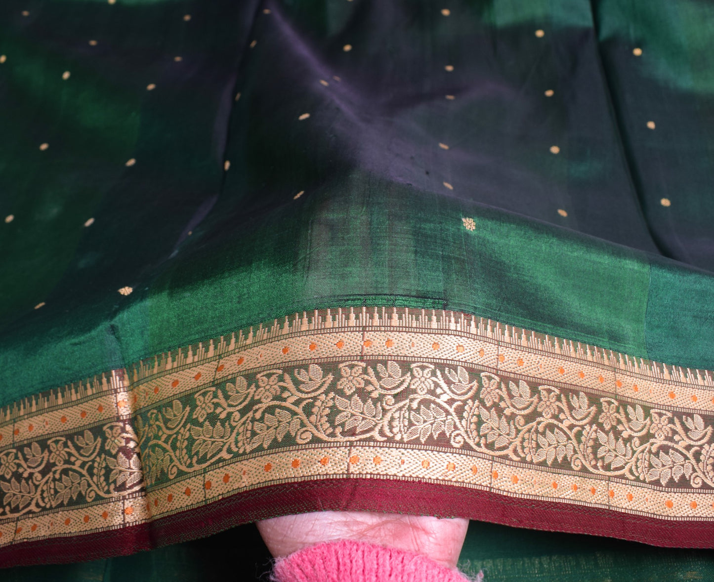 Sushila Vintage Green Pure Silk Scrap Saree Woven Maroon Border 5 YD Sari Fabric