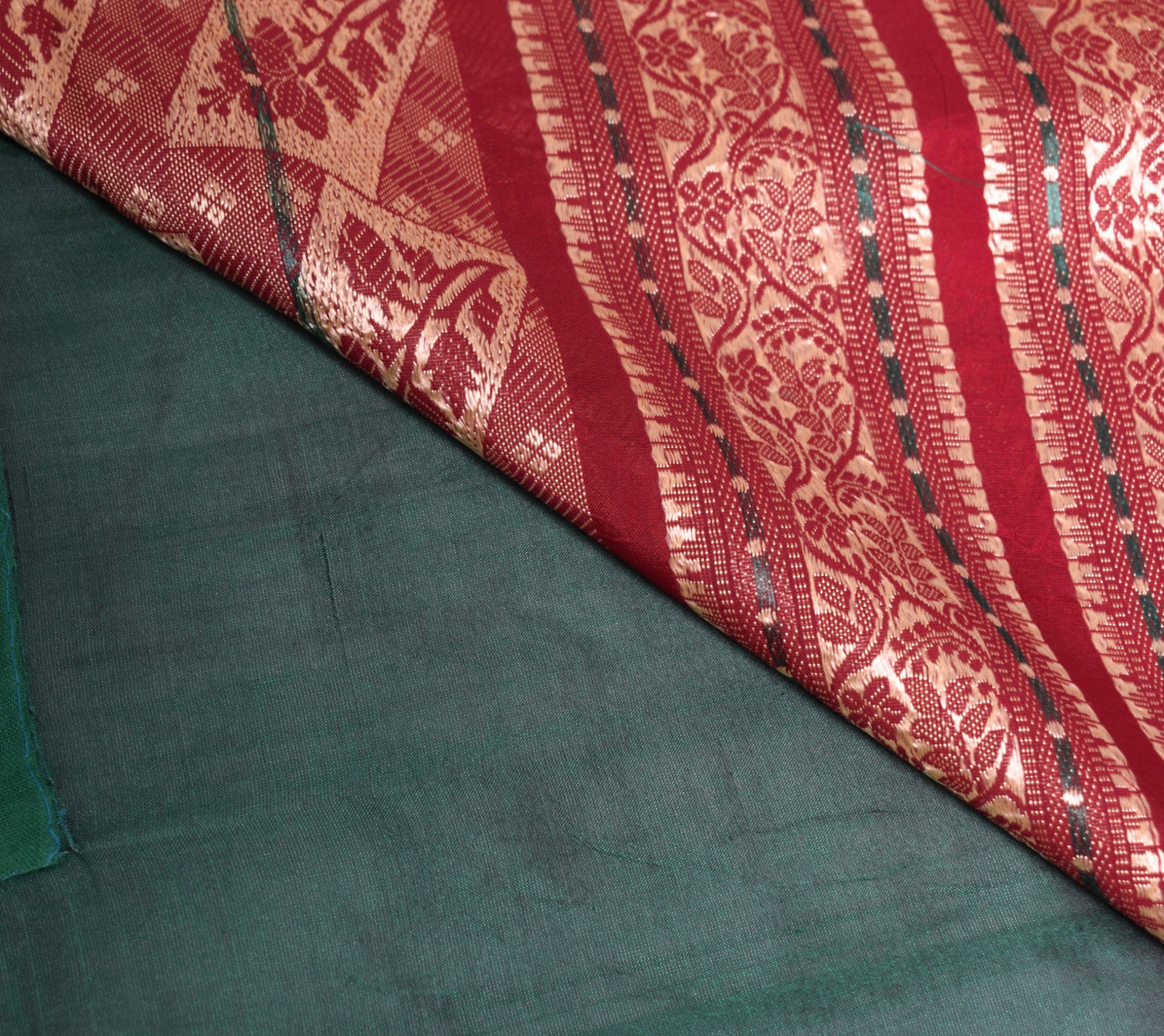 Sushila Vintage Green Pure Silk Scrap Saree Woven Maroon Border 5 YD Sari Fabric