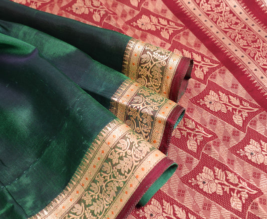 Sushila Vintage Green Pure Silk Scrap Saree Woven Maroon Border 5 YD Sari Fabric