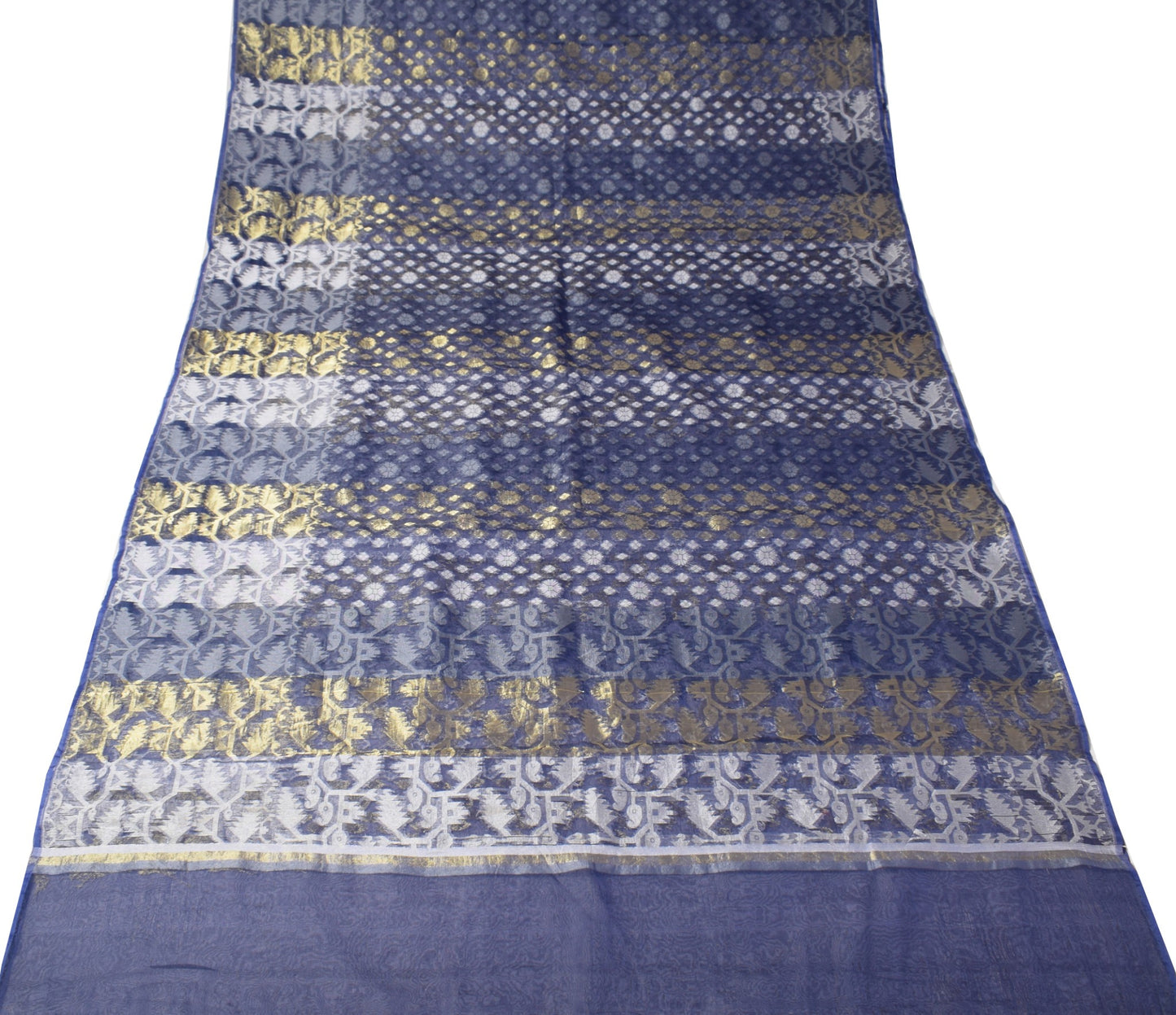 Sushila Vintage Blue Scrap Sari Handloom Art Organza Jamdani Woven Saree Fabric