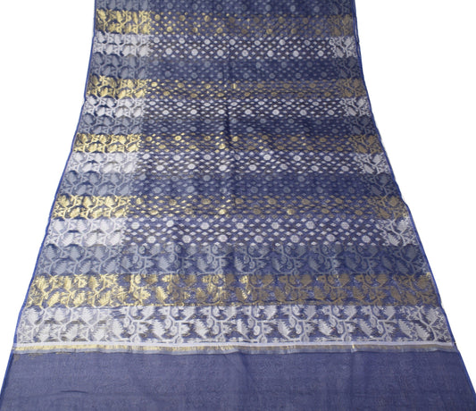 Sushila Vintage Blue Scrap Sari Handloom Art Organza Jamdani Woven Saree Fabric