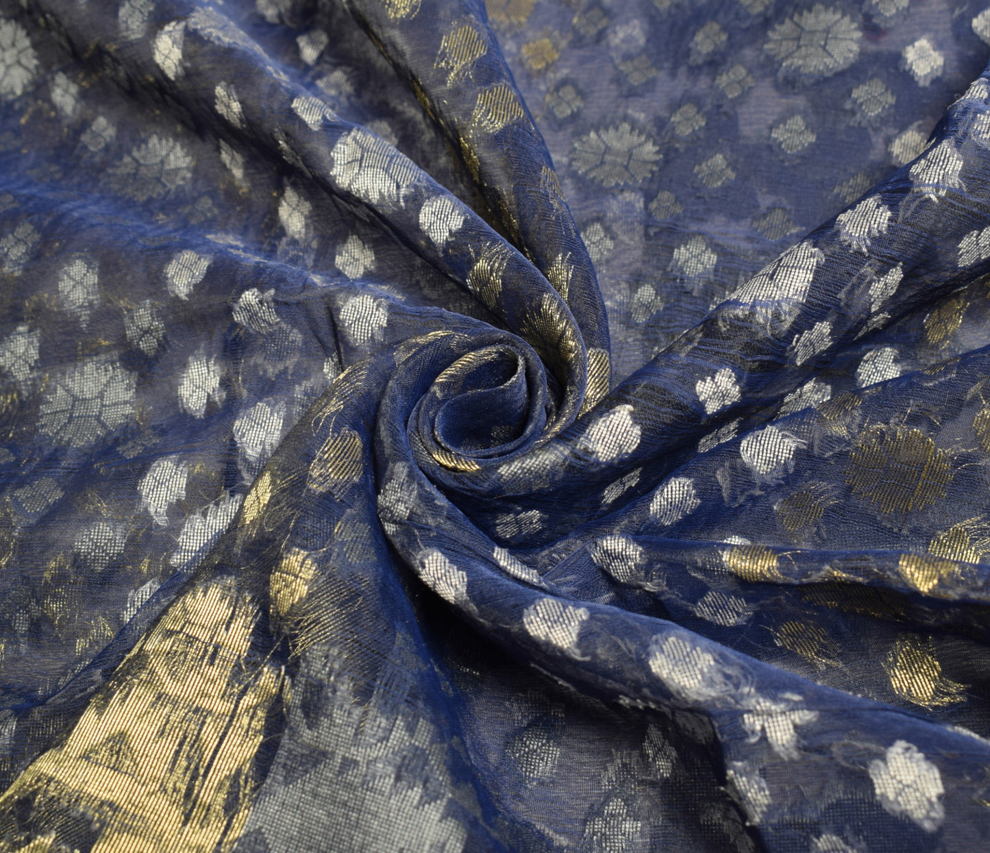 Sushila Vintage Blue Scrap Sari Handloom Art Organza Jamdani Woven Saree Fabric