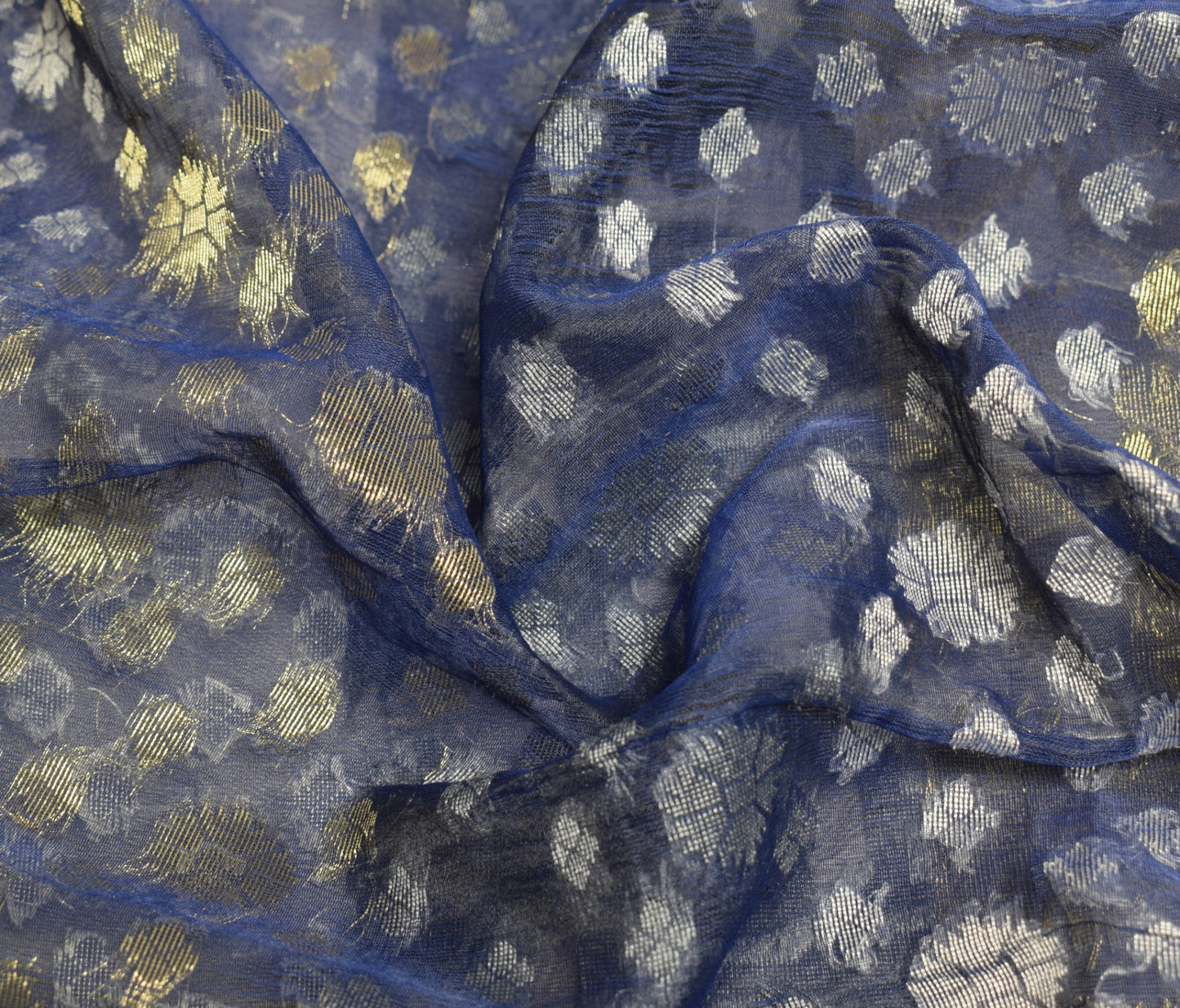 Sushila Vintage Blue Scrap Sari Handloom Art Organza Jamdani Woven Saree Fabric