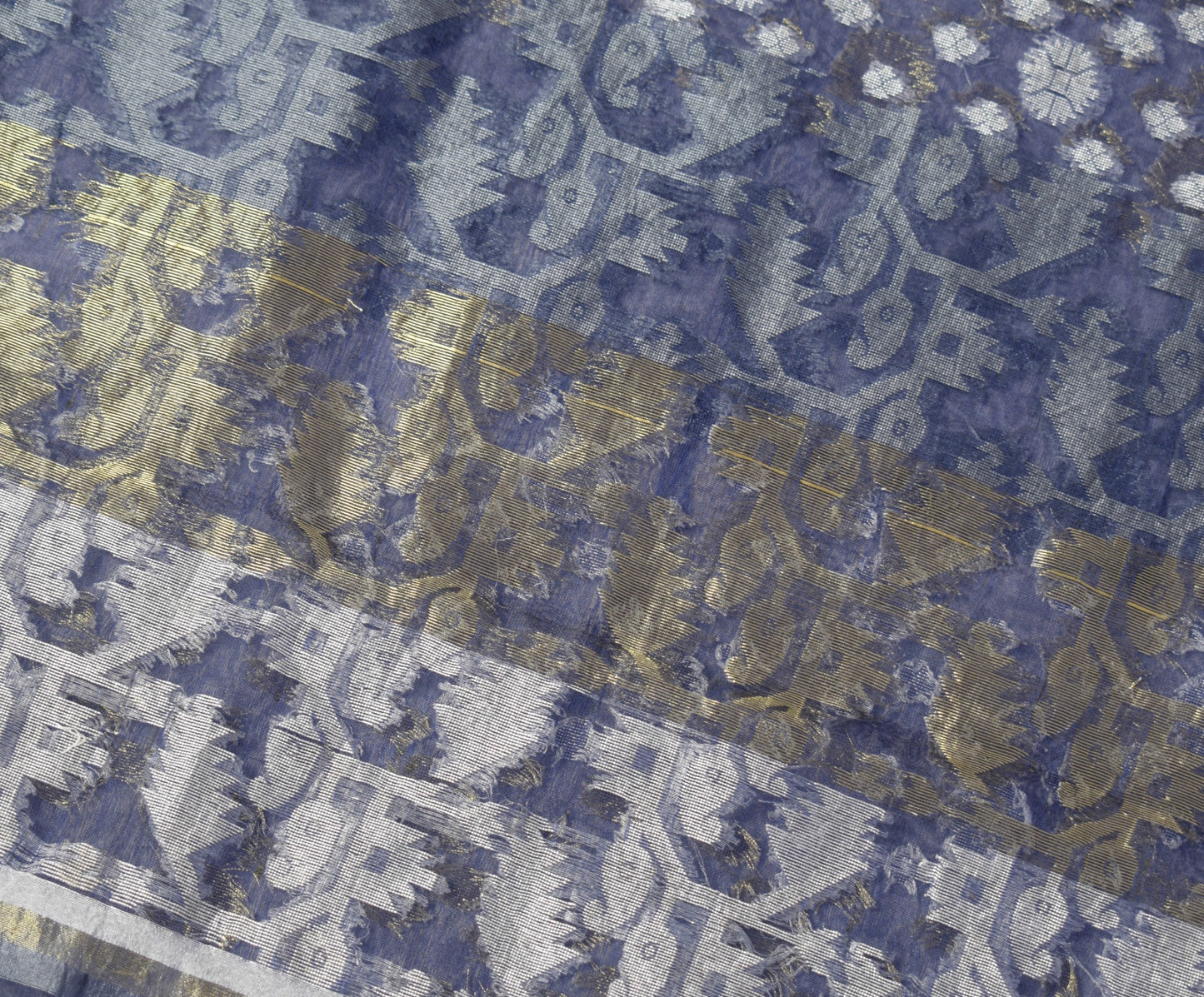 Sushila Vintage Blue Scrap Sari Handloom Art Organza Jamdani Woven Saree Fabric