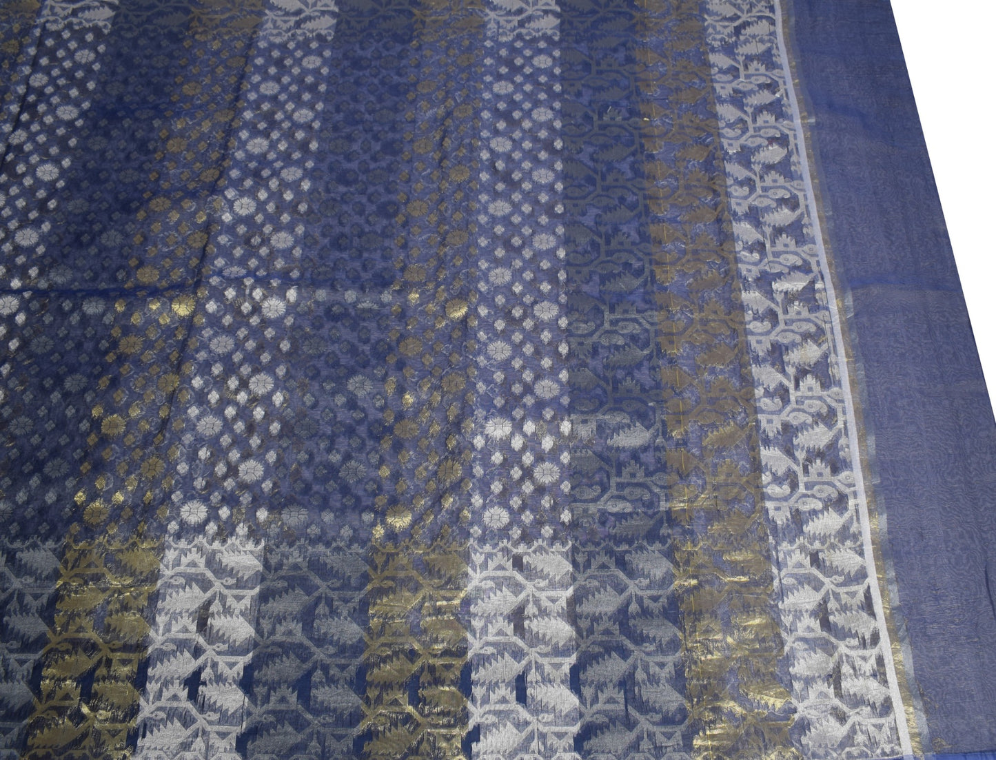 Sushila Vintage Blue Scrap Sari Handloom Art Organza Jamdani Woven Saree Fabric