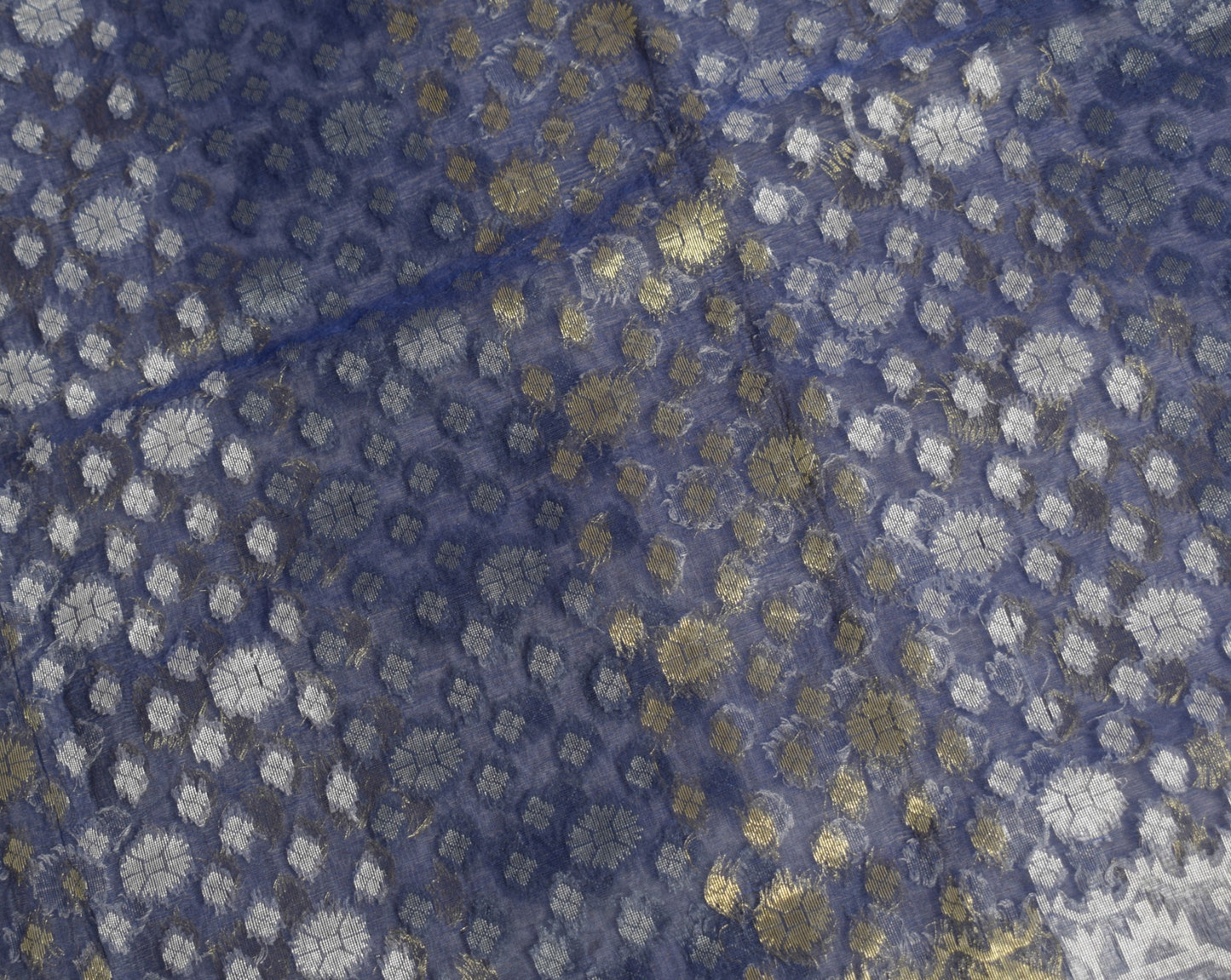 Sushila Vintage Blue Scrap Sari Handloom Art Organza Jamdani Woven Saree Fabric